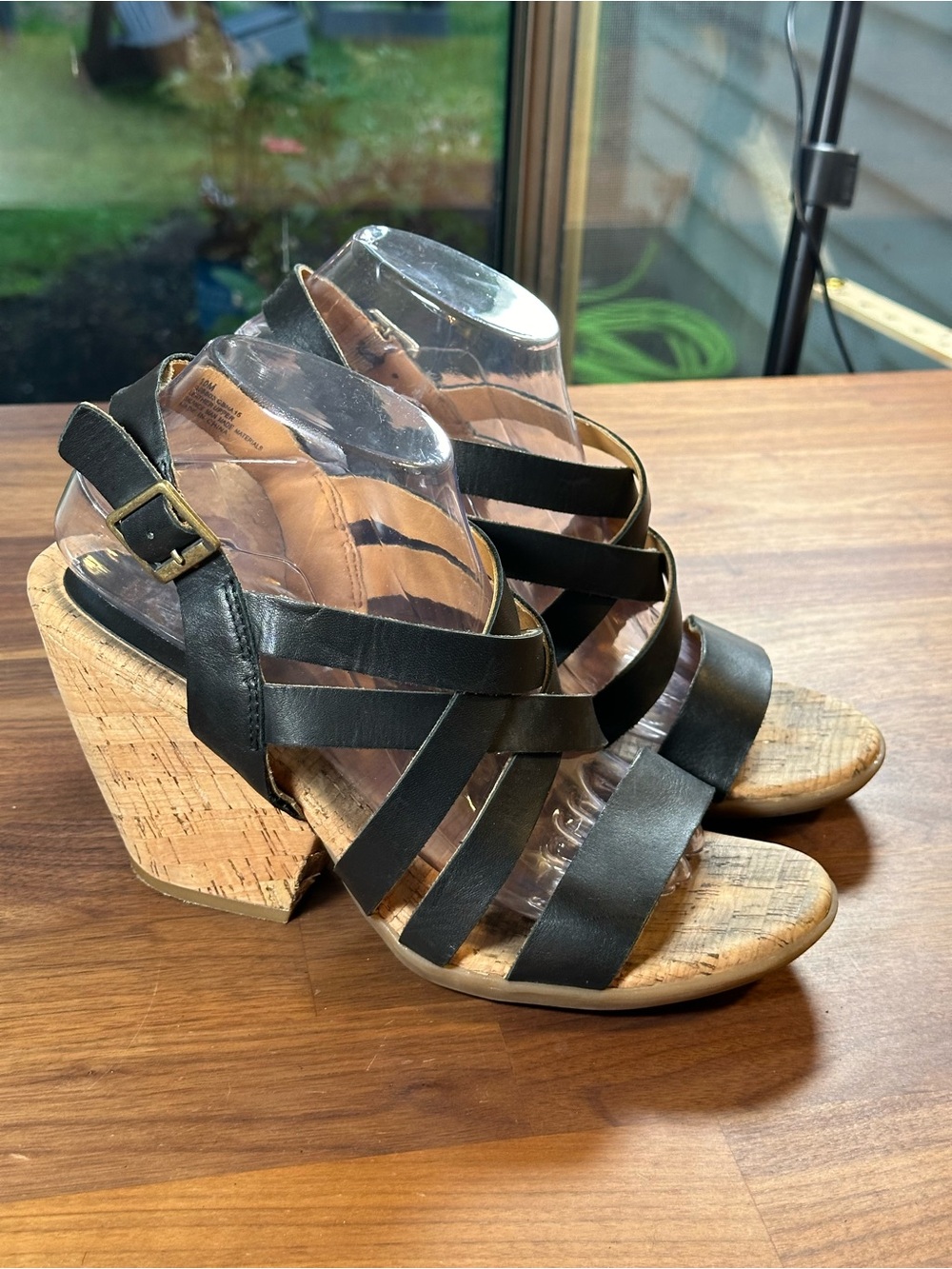 Korks by Kork-Ease Black Leather Strappy Cork Block Heel Sandals Women’s Size 10